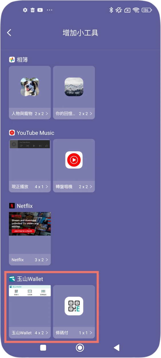 步驟二：小工具選項中找到玉山Wallet，選擇欲新增的捷徑樣式