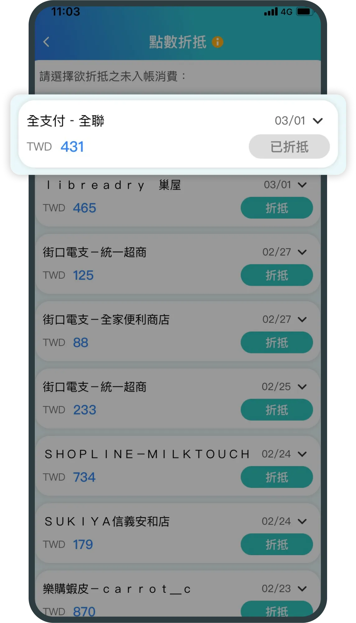 查看已折抵消費